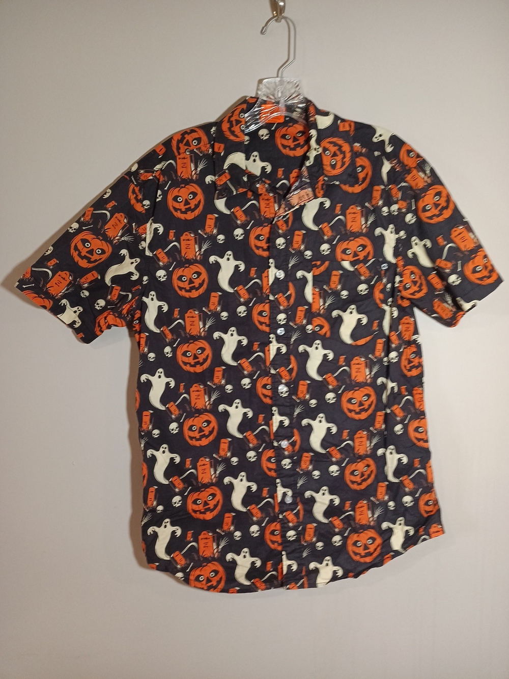 Creepy Co. Beistle Halloween Pumpkin Ghost Button Shirt  Black Orange Men's M